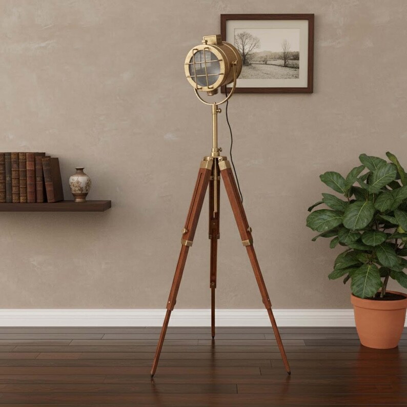 Antique Finish Spotlight on Wooden Tripod view 2