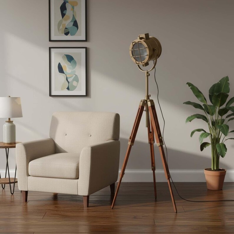 Antique Finish Spotlight on Wooden Tripod view 11