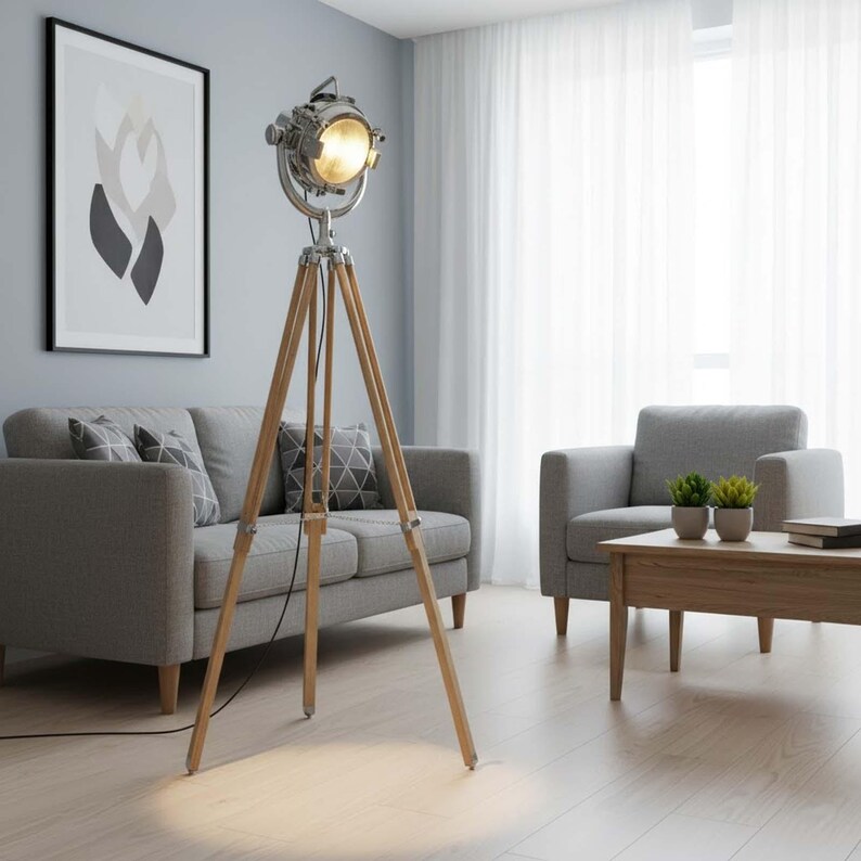Chrome Spotlight on Wooden Tripod view 5