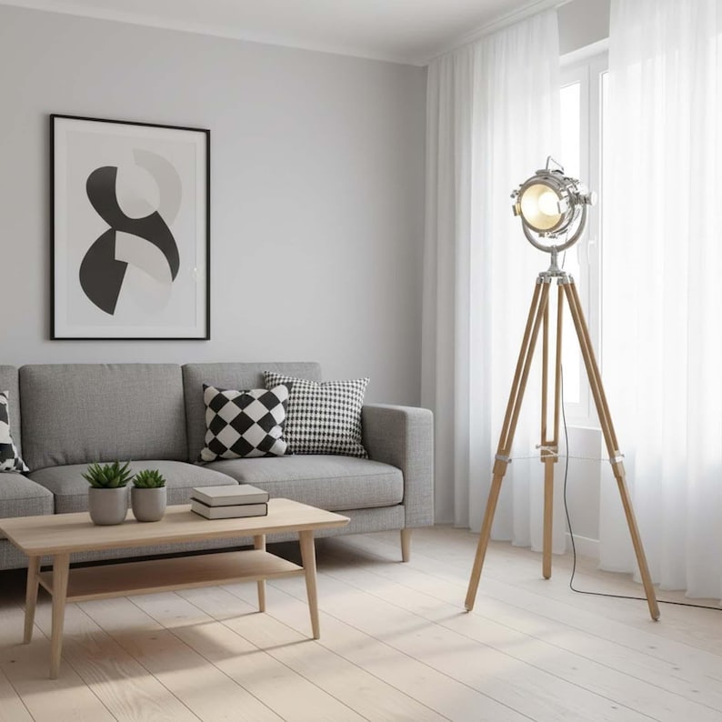 Chrome Spotlight on Wooden Tripod view 7
