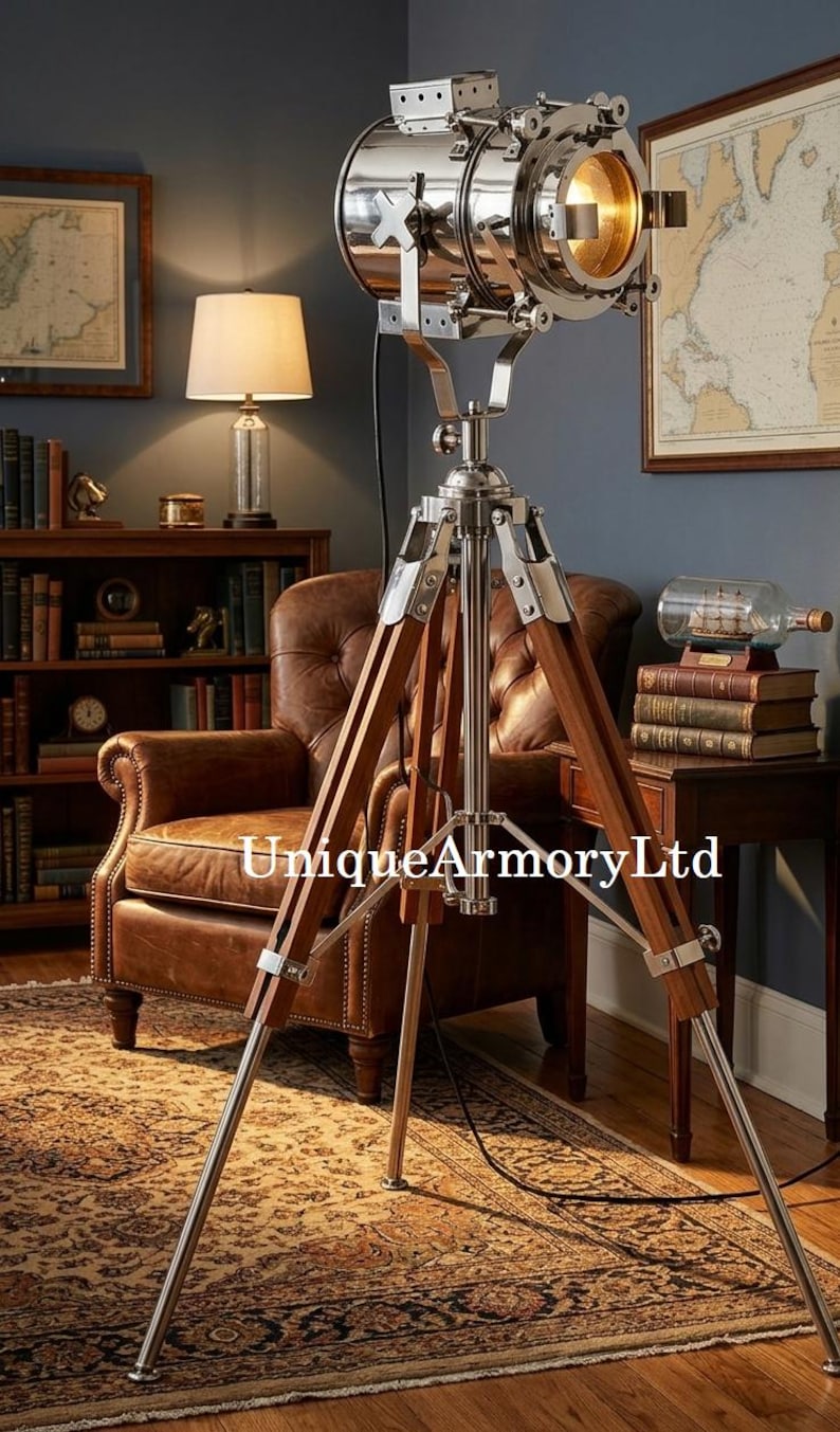 Chrome Spotlight on Wooden Tripod view 4