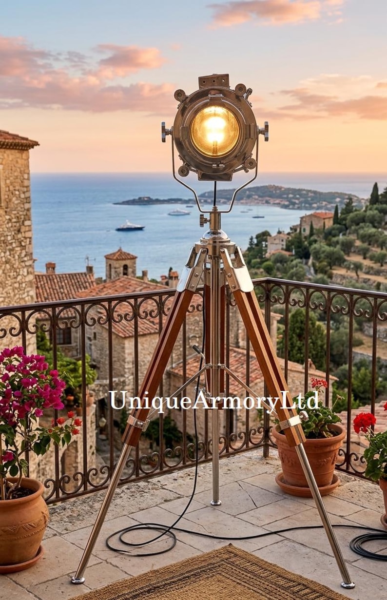Chrome Spotlight on Wooden Tripod view 5