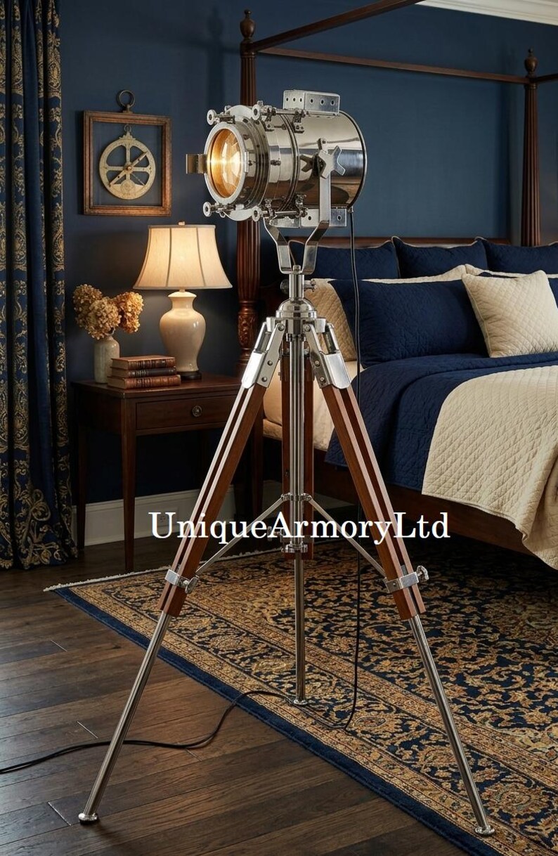 Chrome Spotlight on Wooden Tripod view 7