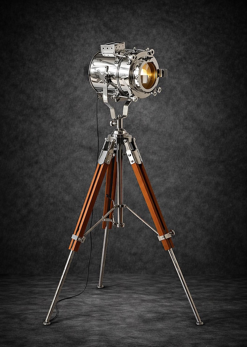 Chrome Spotlight on Wooden Tripod view 10