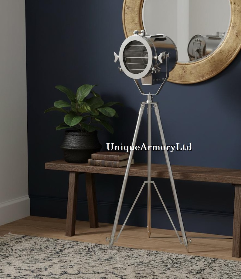 Chrome Spotlight on Wooden Tripod view 6