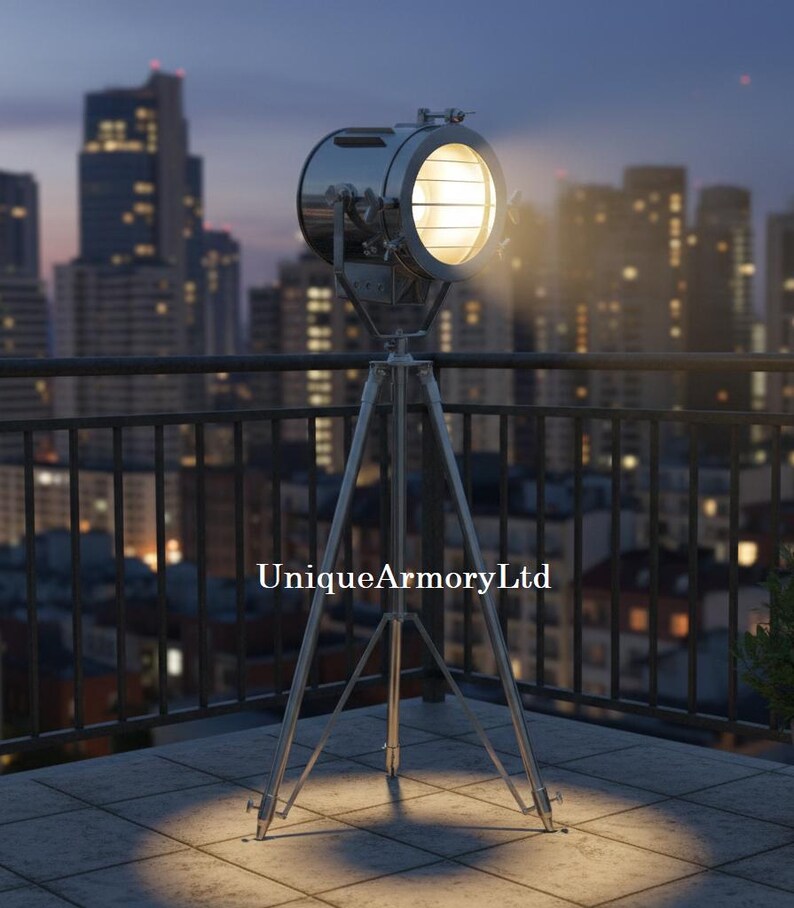 Chrome Spotlight on Wooden Tripod view 10