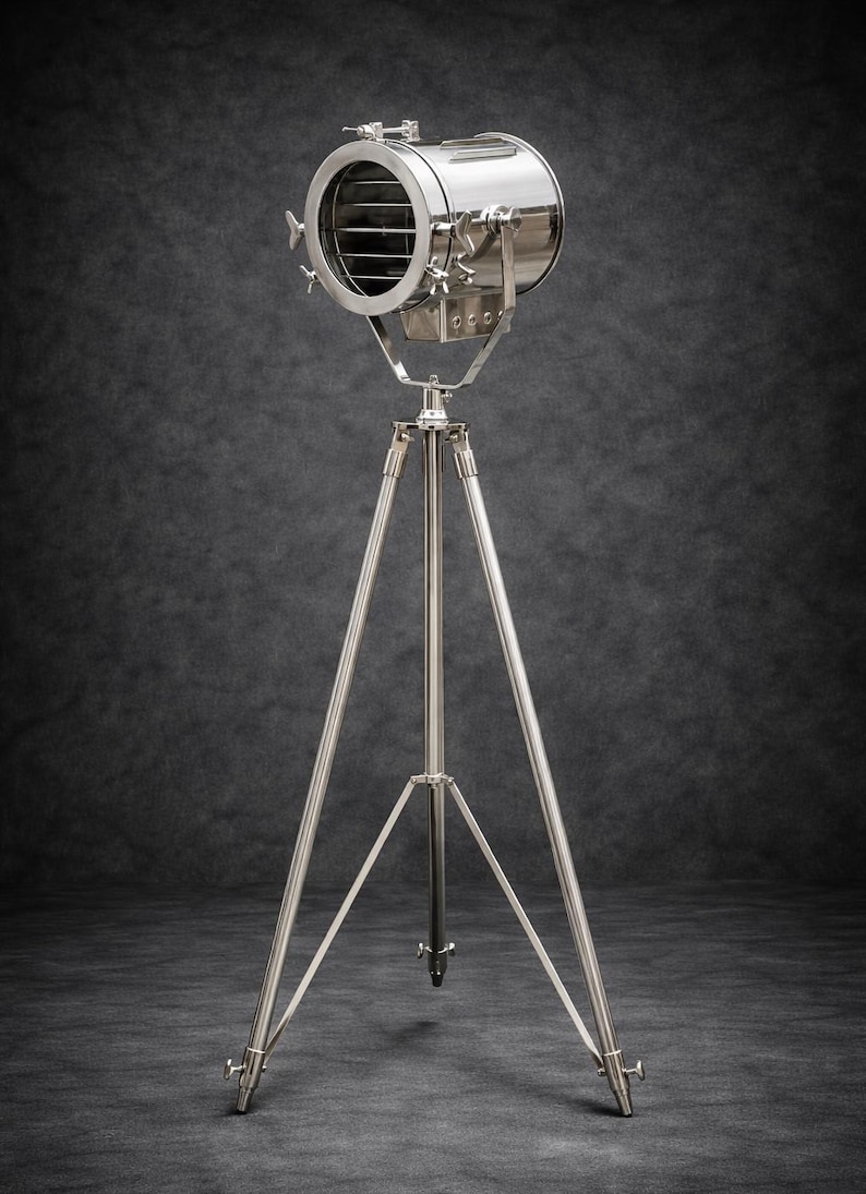 Chrome Spotlight on Wooden Tripod view 11