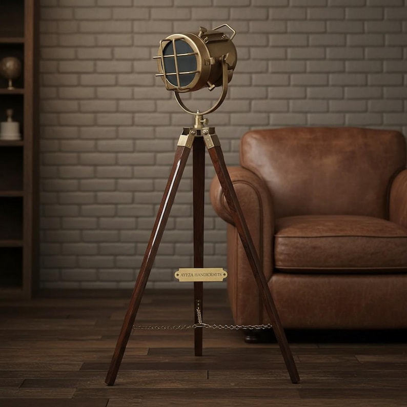 Antique Finish Spotlight on Wooden Tripod view 3