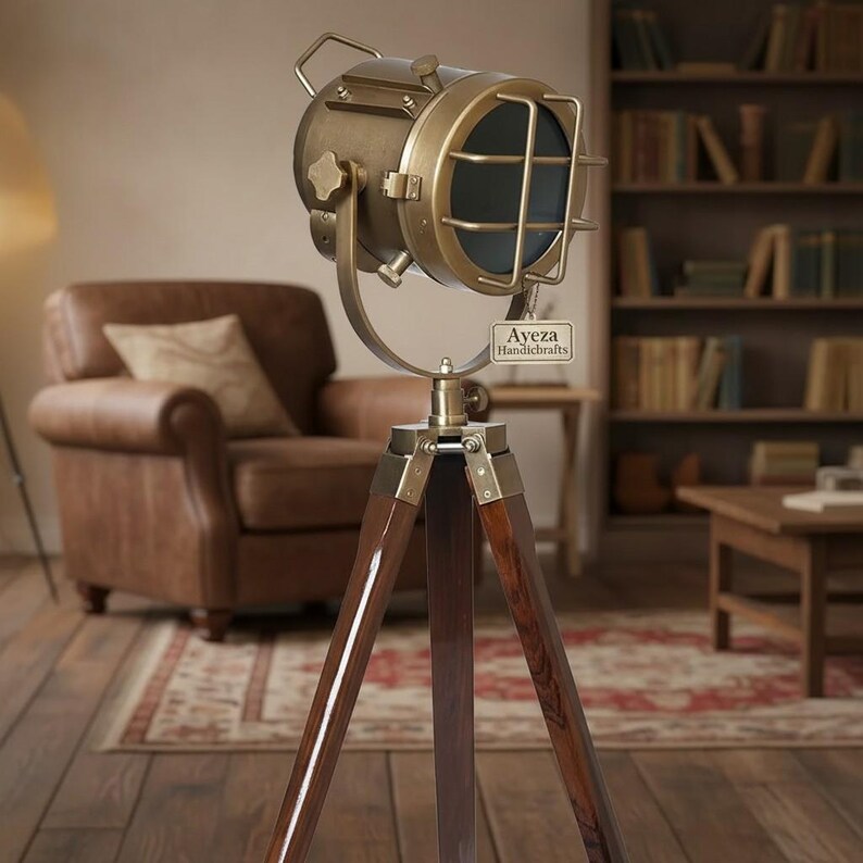 Antique Finish Spotlight on Wooden Tripod view 4