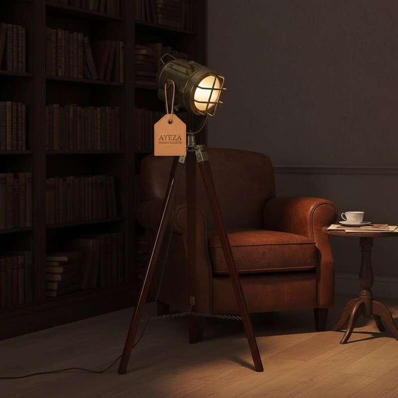 Antique Finish Spotlight on Wooden Tripod view 5