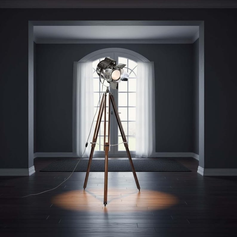 Chrome Spotlight on Wooden Tripod view 6