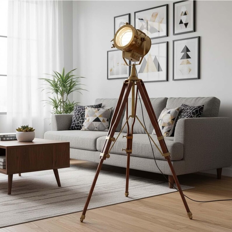 Copper Spotlight on Wooden Tripod view 2