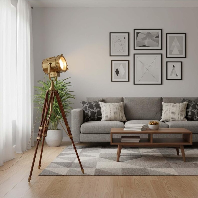 Copper Spotlight on Wooden Tripod view 7