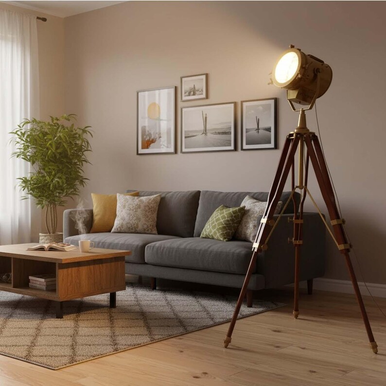 Copper Spotlight on Wooden Tripod view 8