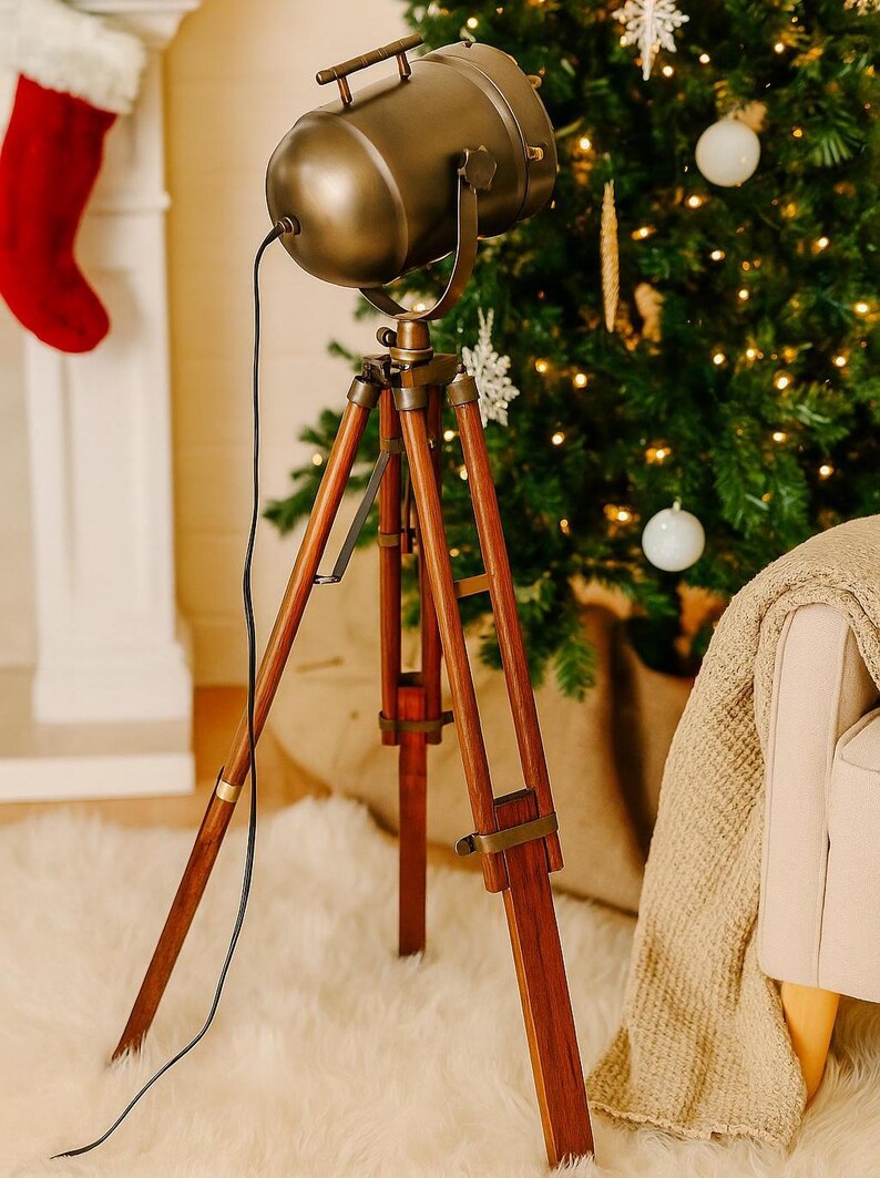 Antique Finish Spotlight on Wooden Tripod view 3