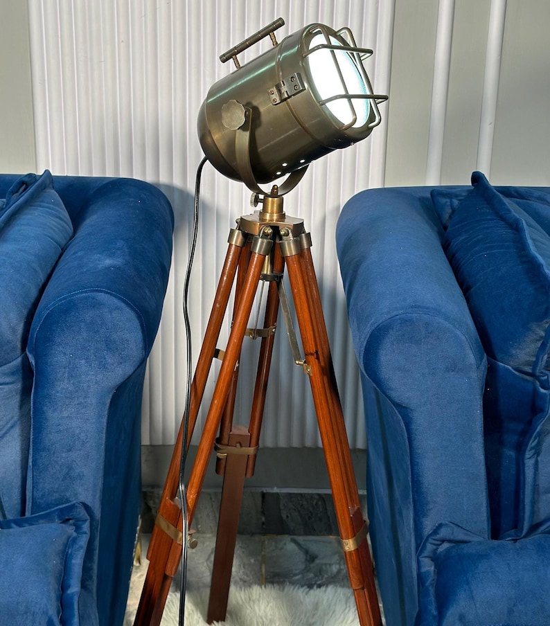 Antique Finish Spotlight on Wooden Tripod view 4