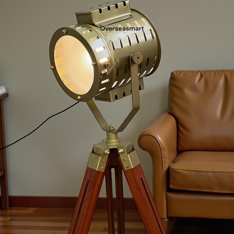 Chrome Spotlight on Black Wooden Tripod view 2