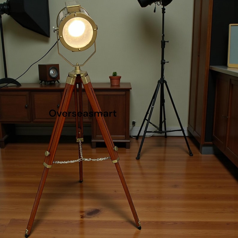 Chrome Spotlight on Black Wooden Tripod view 4