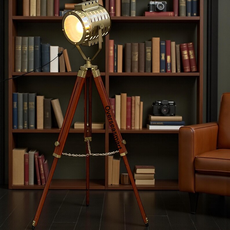 Chrome Spotlight on Black Wooden Tripod view 8