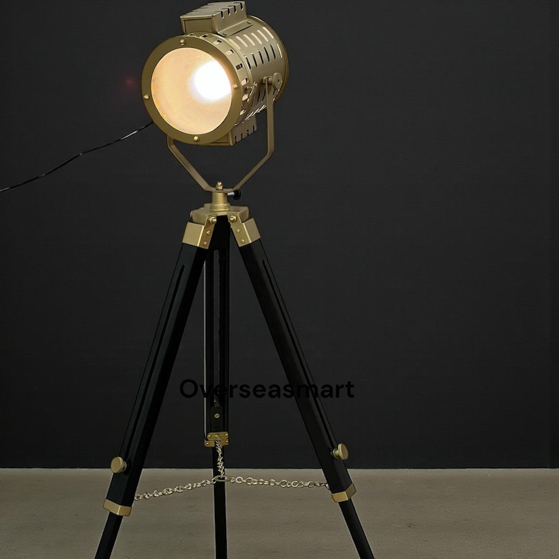 Chrome Spotlight on Black Wooden Tripod view 10