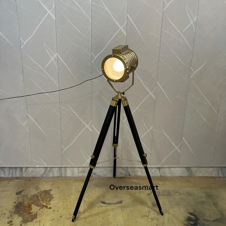 Chrome Spotlight on Black Wooden Tripod view 11