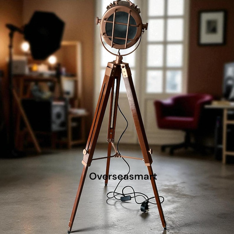 Copper Spotlight on Wooden Tripod view 2
