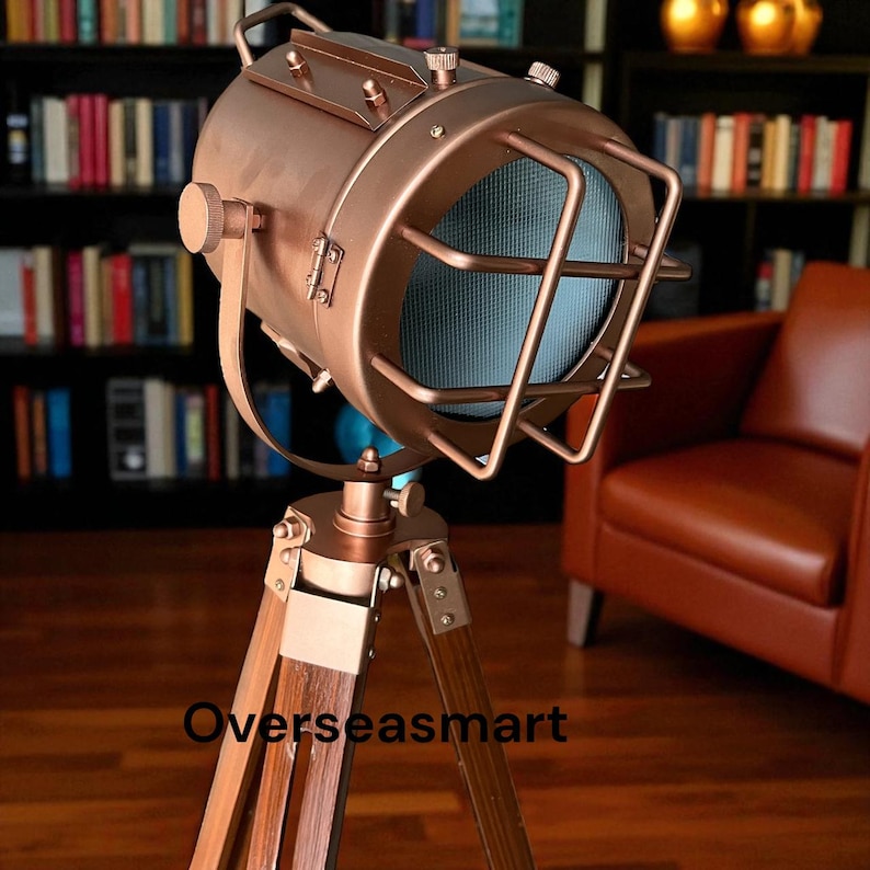 Copper Spotlight on Wooden Tripod view 6