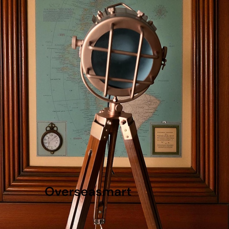 Copper Spotlight on Wooden Tripod view 8