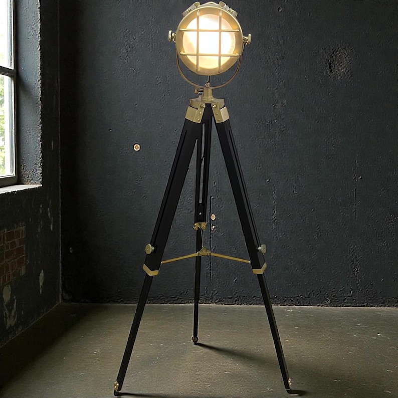 Chrome Spotlight on Black Wooden Tripod view 2