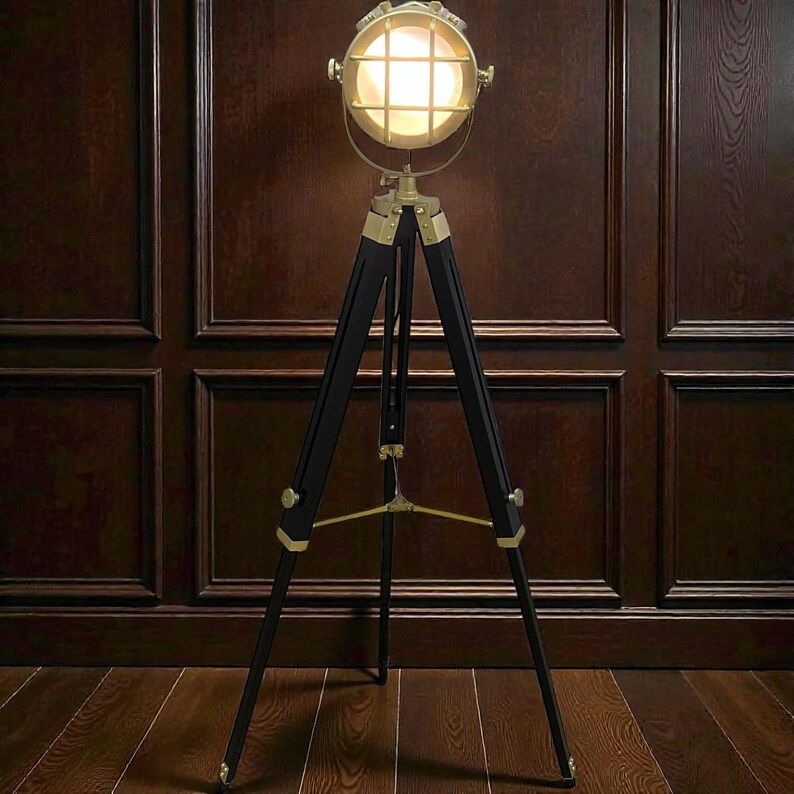 Chrome Spotlight on Black Wooden Tripod view 8