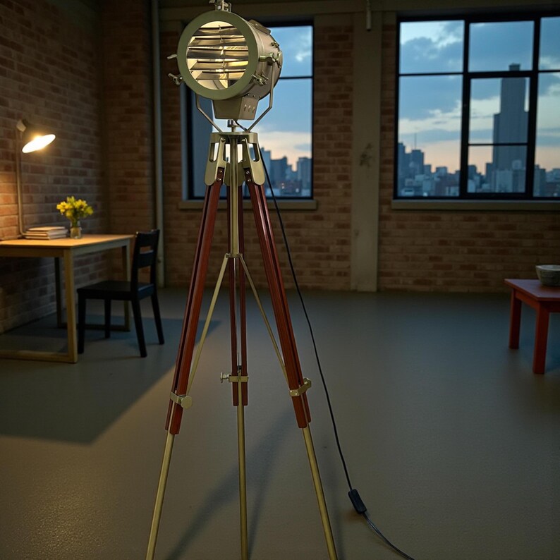 Antique Finish Spotlight on Wooden Tripod view 3