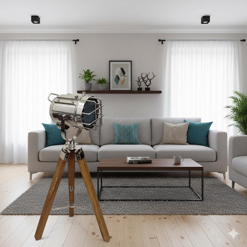 Chrome Spotlight on Wooden Tripod view 8