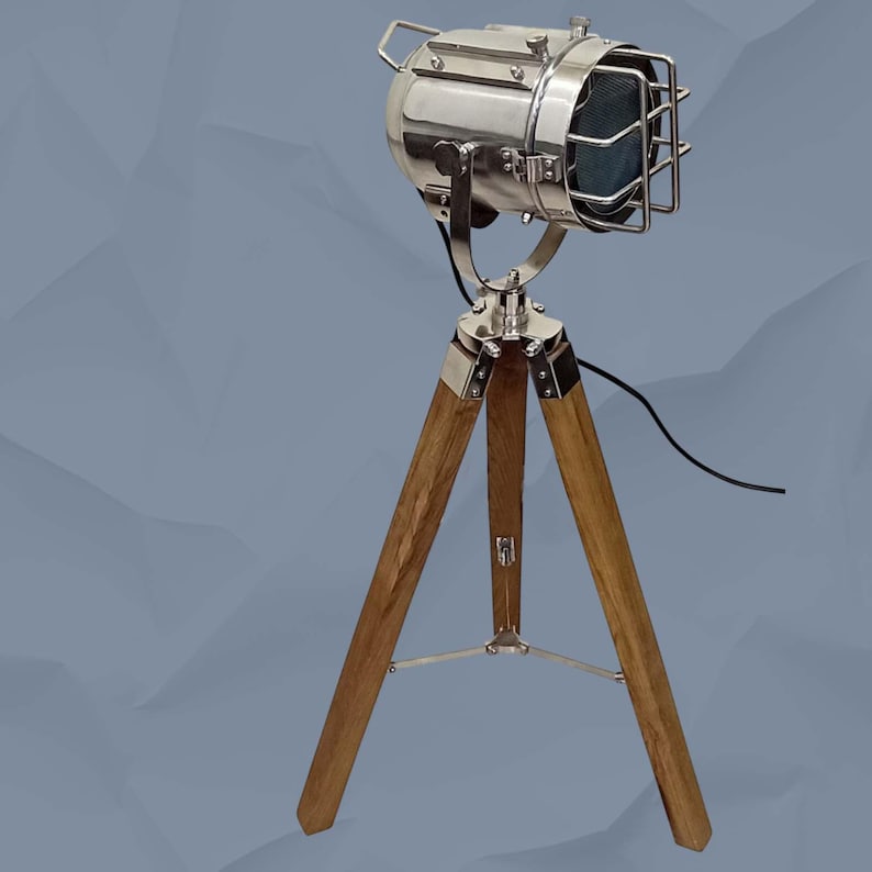 Chrome Spotlight on Wooden Tripod view 9