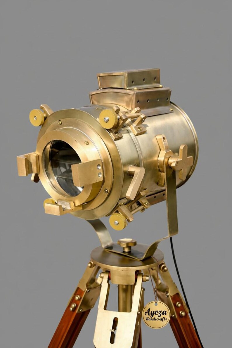 Polished Brass Spotlight on Wooden Tripod view 2