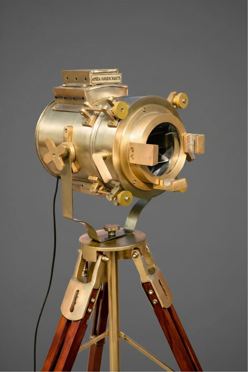 Polished Brass Spotlight on Wooden Tripod view 3