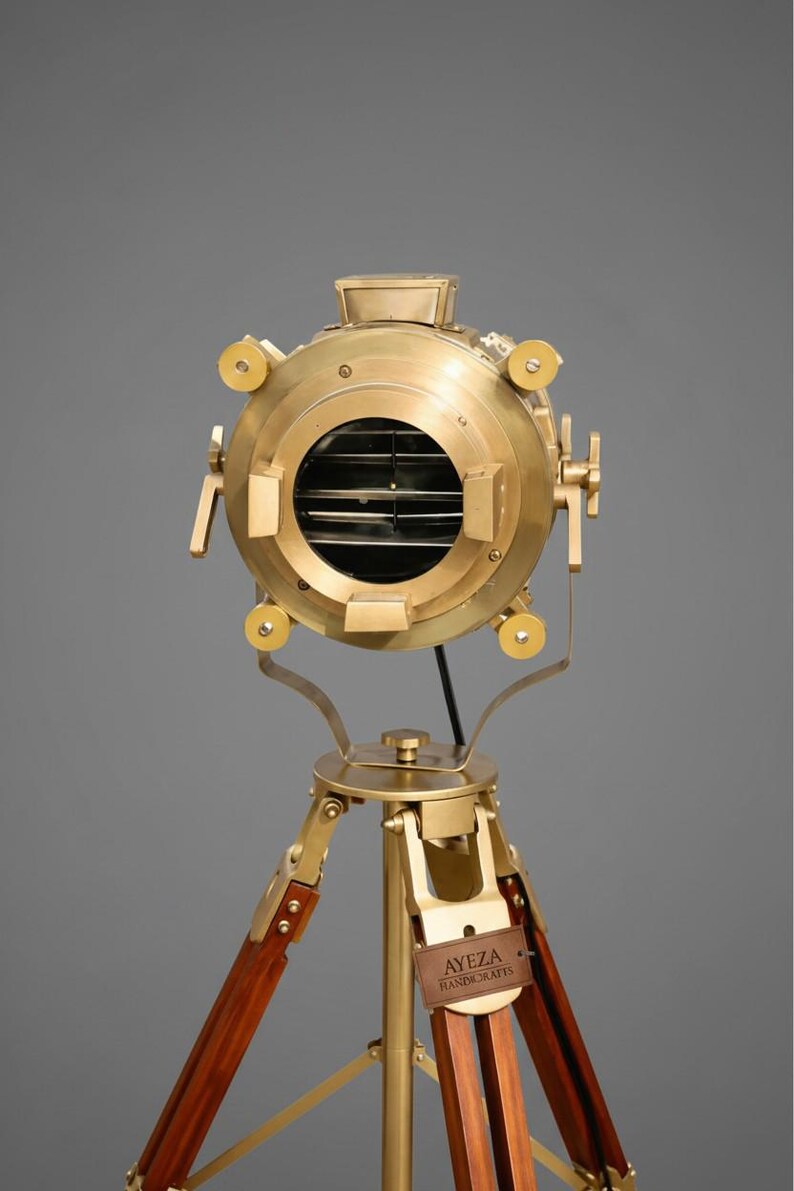 Polished Brass Spotlight on Wooden Tripod view 6