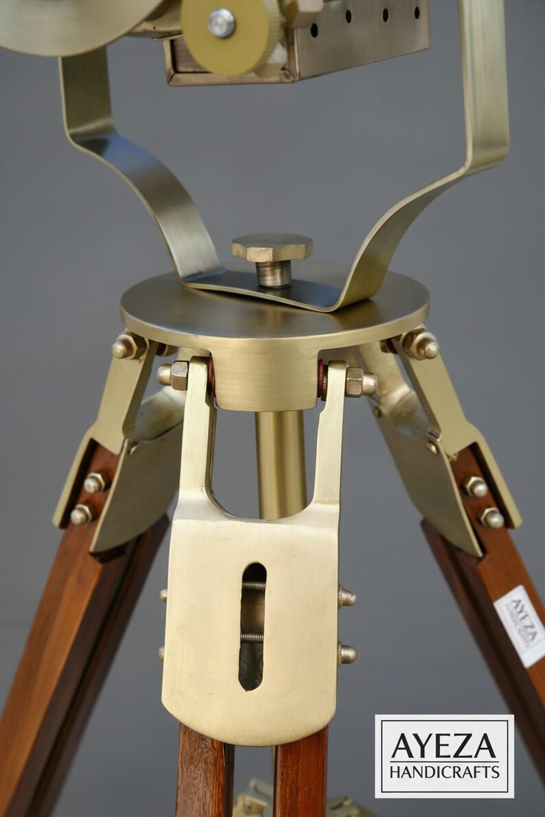 Polished Brass Spotlight on Wooden Tripod view 9