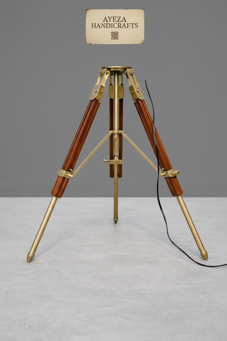 Polished Brass Spotlight on Wooden Tripod view 10