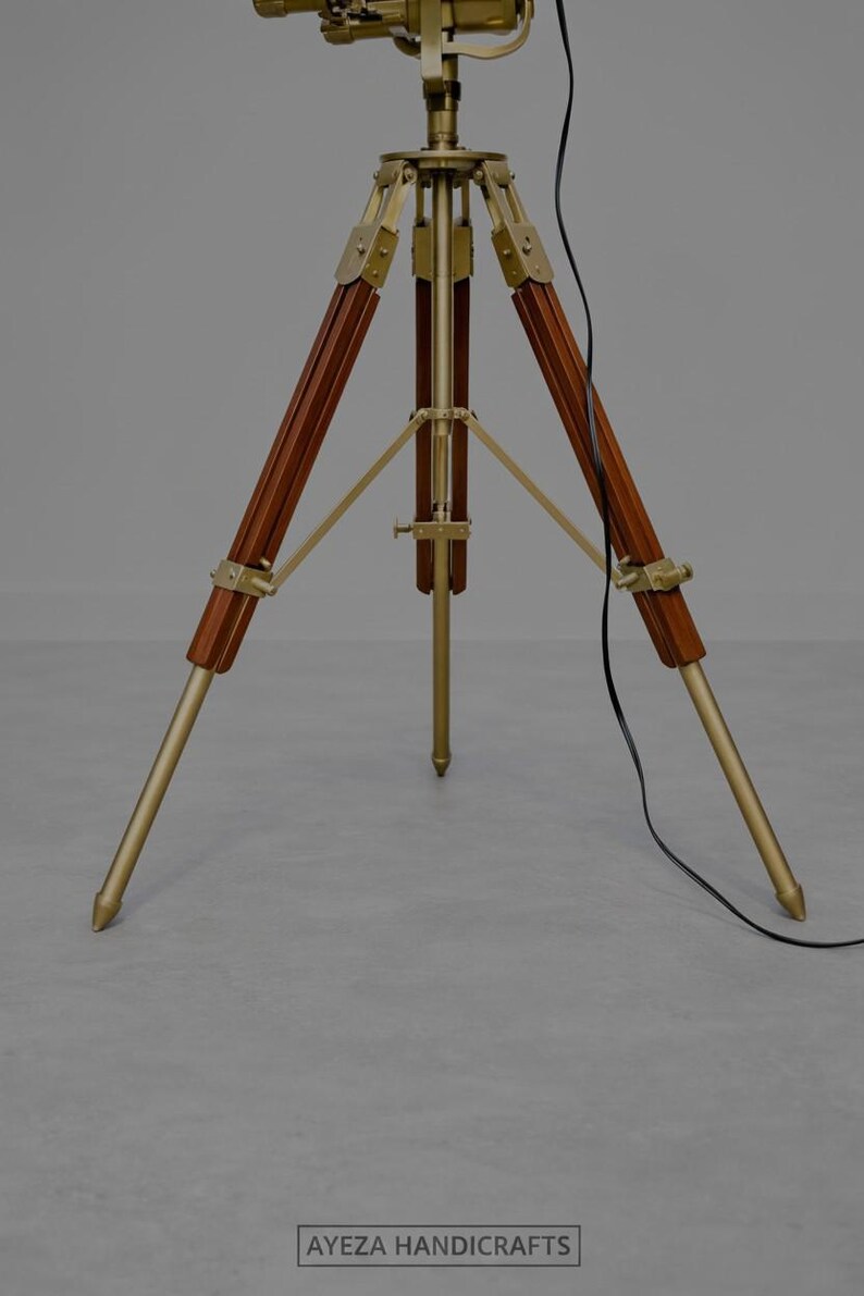 Polished Brass Spotlight on Wooden Tripod view 11