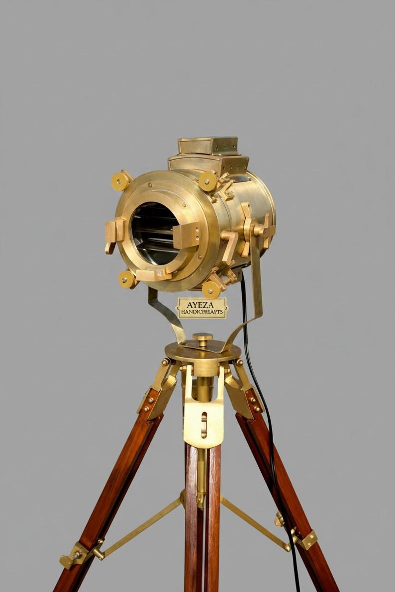 Polished Brass Spotlight on Wooden Tripod view 12