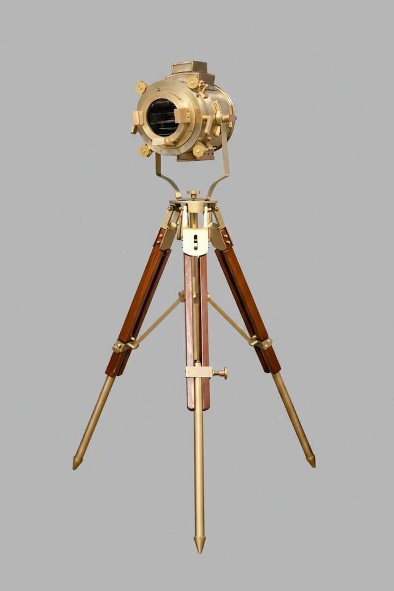 Polished Brass Spotlight on Wooden Tripod view 13