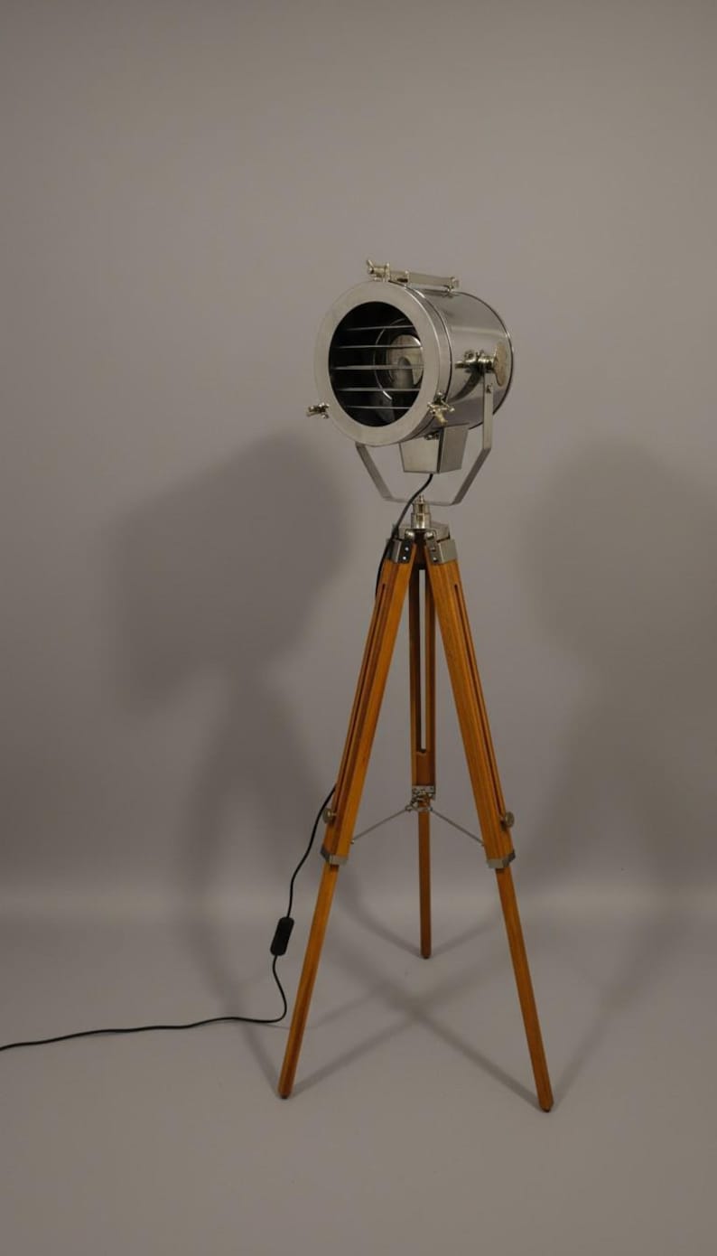Chrome Spotlight on Wooden Tripod view 3