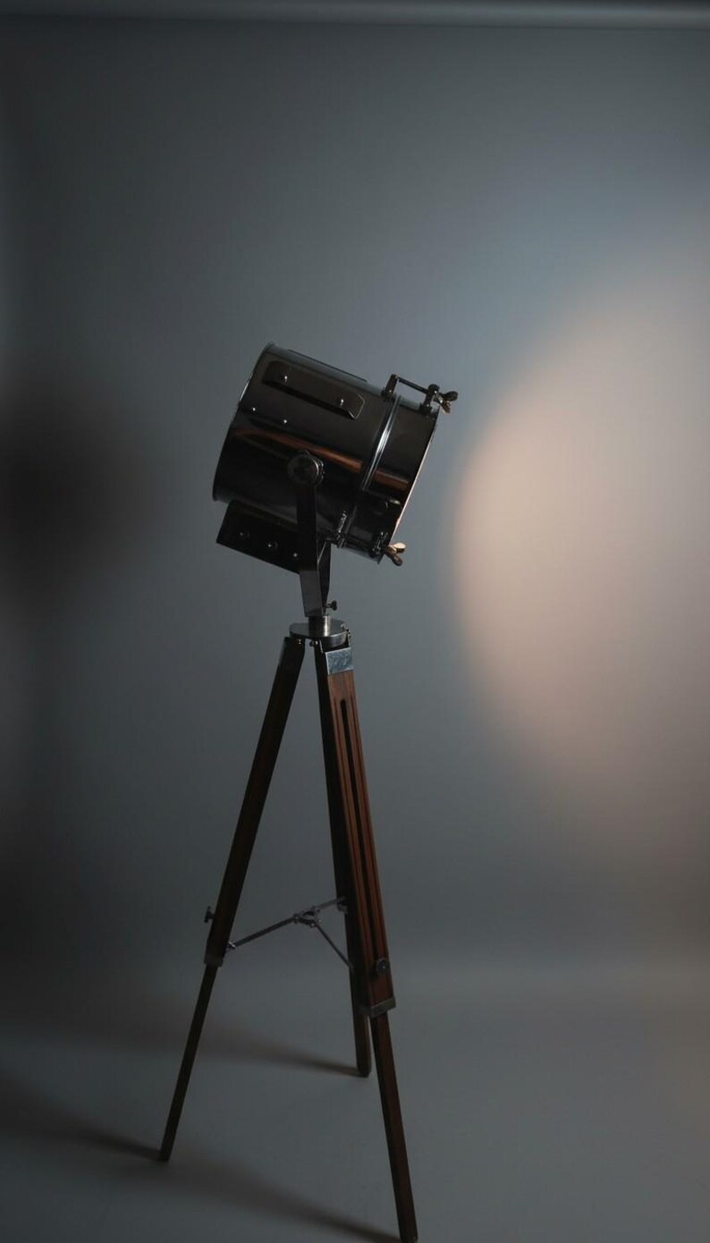 Chrome Spotlight on Wooden Tripod view 7