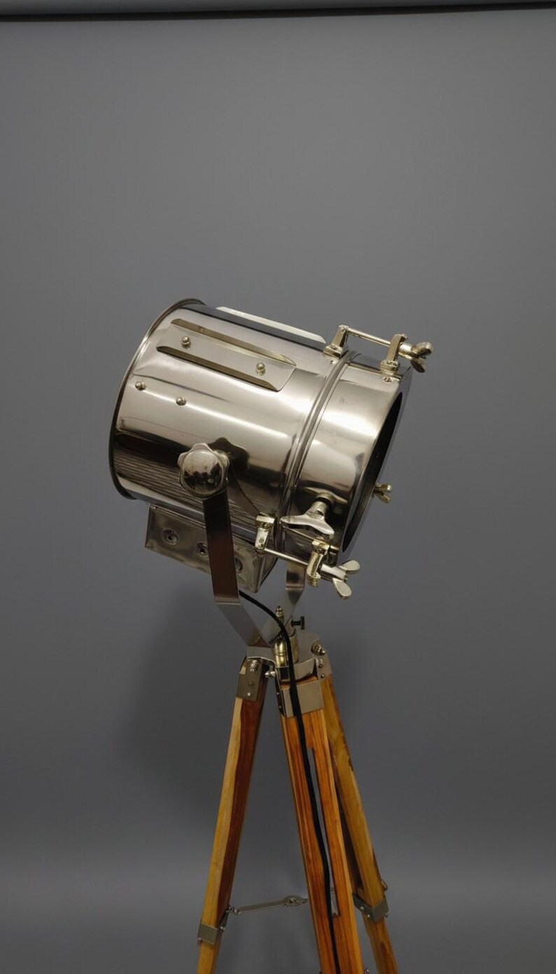 Chrome Spotlight on Wooden Tripod view 8