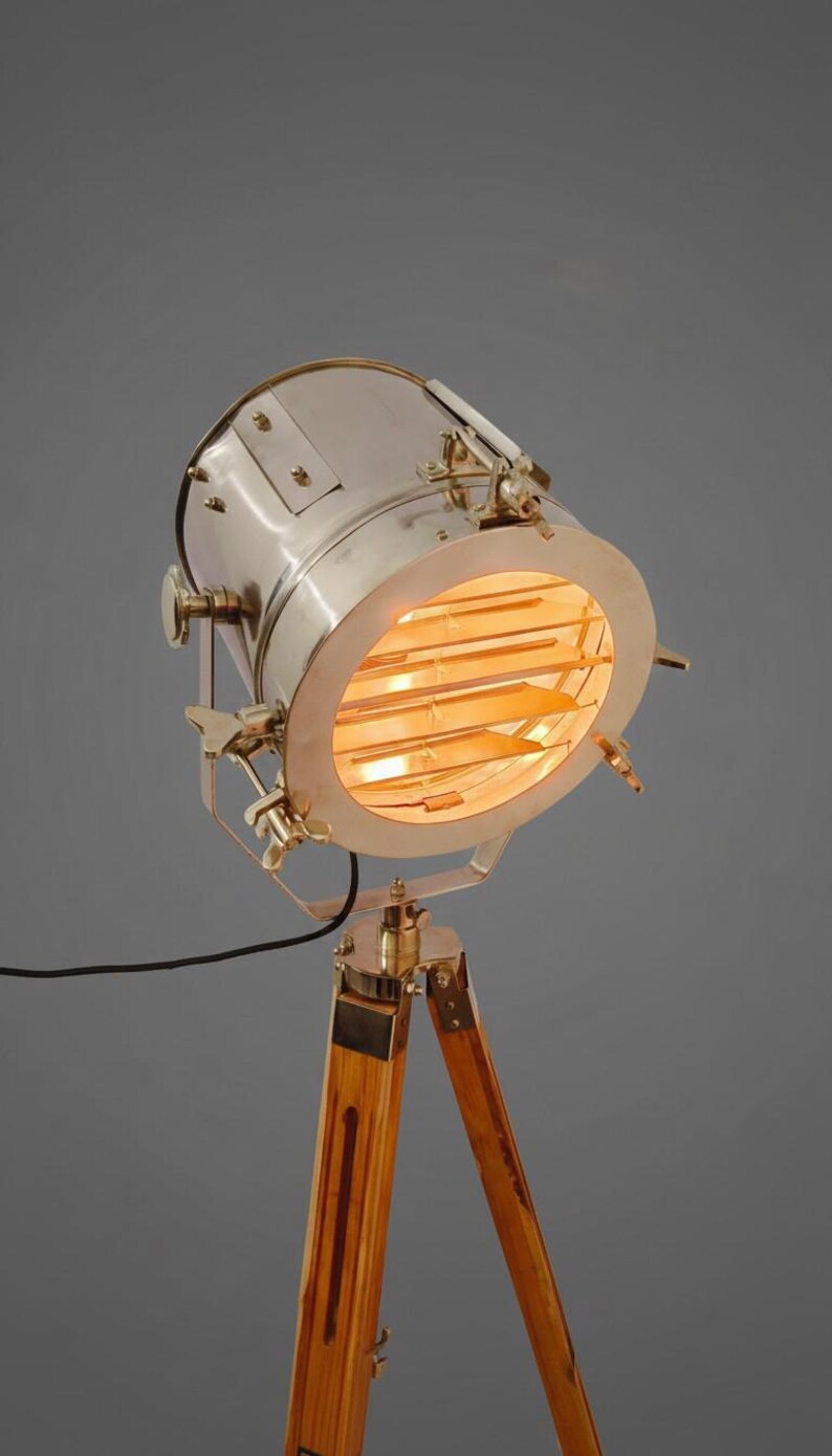 Chrome Spotlight on Wooden Tripod view 9