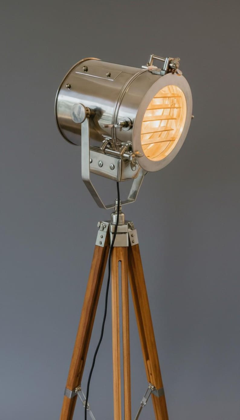 Chrome Spotlight on Wooden Tripod view 10