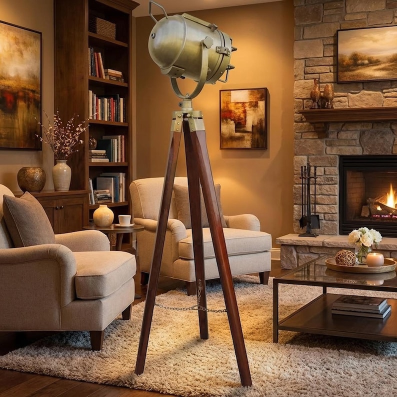 Antique Finish Spotlight on Wooden Tripod view 3