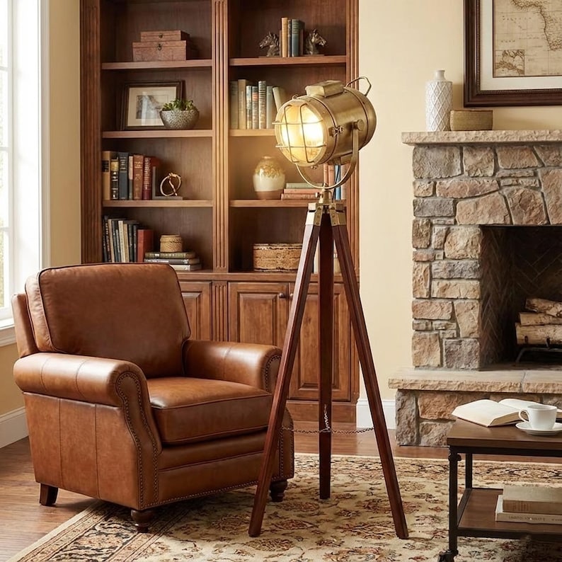 Antique Finish Spotlight on Wooden Tripod view 4