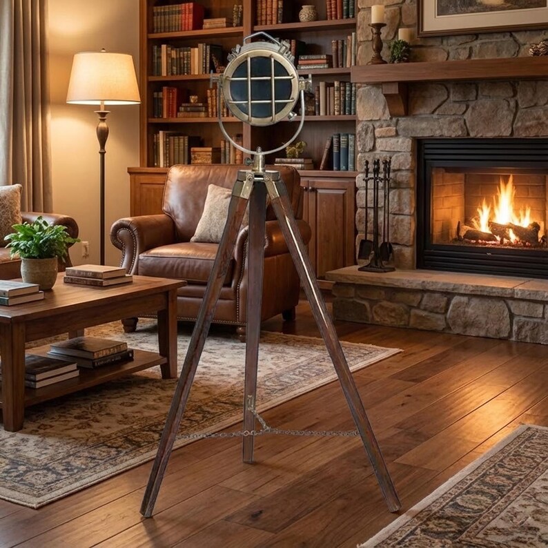 Antique Finish Spotlight on Wooden Tripod view 7