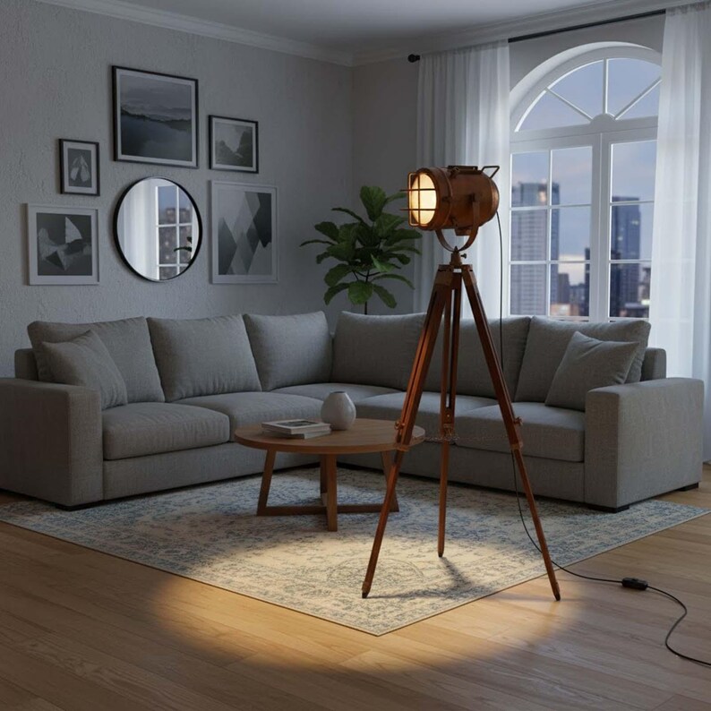 Antique Finish Spotlight on Wooden Tripod view 5